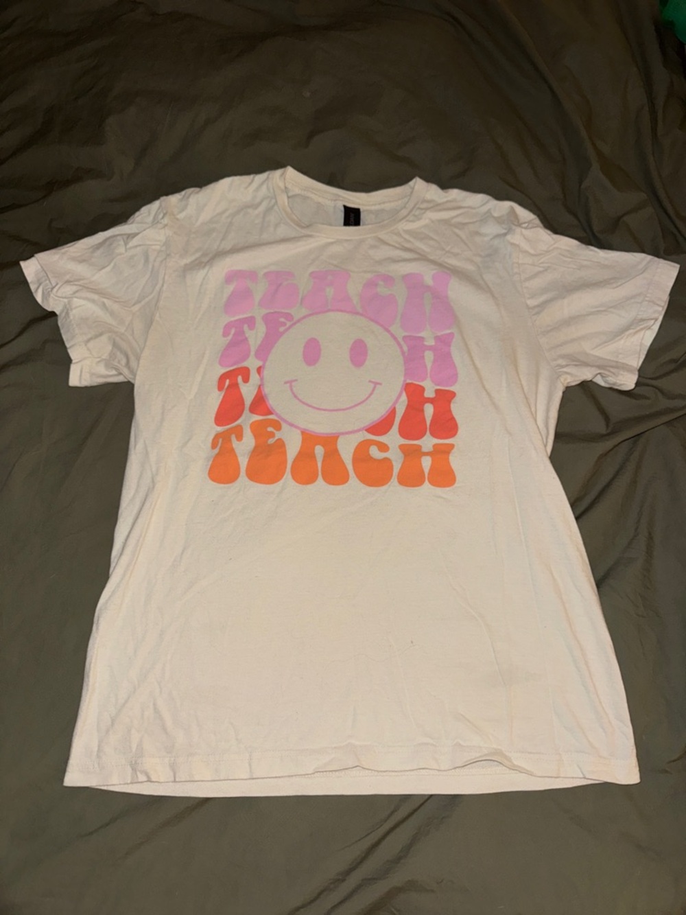 White Graphic Tee with Pink & Orange Smiley Design
